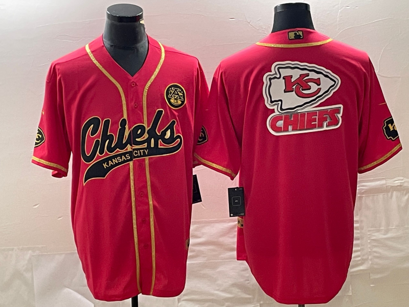 Men's Kansas City Chiefs Red Gold Team Big Logo With Patch Cool Base Stitched Baseball Jersey